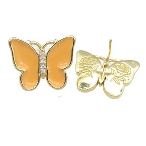 copper butterfly Stud Earring with peach enamel, gold plated, approx 16-20mm [FN24365]