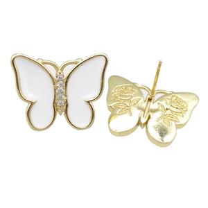copper butterfly Stud Earring with white enamel, gold plated, approx 16-20mm [FN24374]