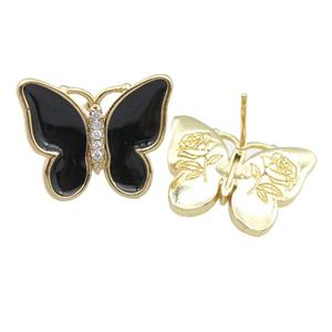 copper butterfly Stud Earring with black enamel, gold plated, approx 16-20mm [FN24375]