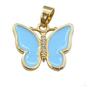 copper butterfly pendant with lt.blue enamel, gold plated, approx 16-20mm [FN24420]