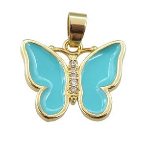 copper butterfly pendant with teal enamel, gold plated, approx 16-20mm [FN24421]
