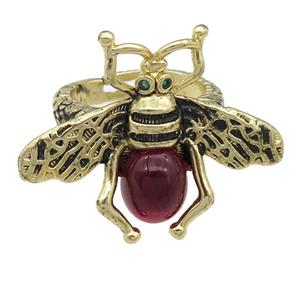 copper honeybee Rings with red cats eye stone, antique gold, approx 26-32mm, 17mm dia [FN24437]