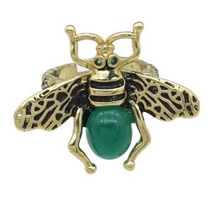 copper honeybee Rings with gree cats eye stone, antique gold, approx 26-32mm, 17mm dia [FN24438]