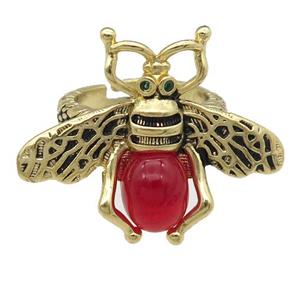 copper honeybee Rings with red cats eye stone, antique gold, approx 26-32mm, 17mm dia [FN24439]