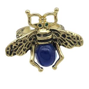 copper honeybee Rings with blue cats eye stone, antique gold, approx 26-32mm, 17mm dia [FN24441]