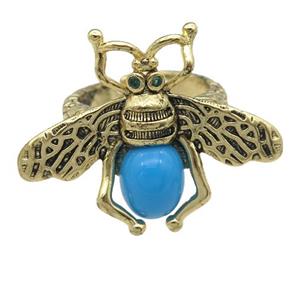 copper honeybee Rings with turqblue cats eye stone, antique gold, approx 26-32mm, 17mm dia [FN24442]