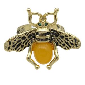 copper honeybee Rings with yellow cats eye stone, antique gold, approx 26-32mm, 17mm dia [FN24443]