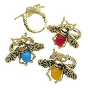 copper honeybee Rings with cats eye stone, adjustable, antique gold, mixed, approx 26-32mm, 17mm dia [FN24444]