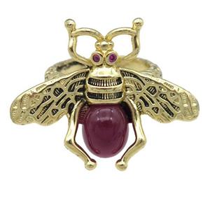 copper honeybee Rings with red cats eye stone, adjustable, antique gold, approx 26-32mm, 17mm dia [FN24447]