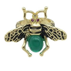 copper honeybee Rings with green cats eye stone, adjustable, antique gold, approx 26-32mm, 17mm dia [FN24448]