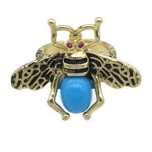 copper honeybee Rings with turqblue cats eye stone, adjustable, antique gold, approx 26-32mm, 17mm dia [FN24449]