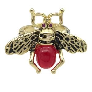 copper honeybee Rings with red cats eye stone, adjustable, antique gold, approx 26-32mm, 17mm dia [FN24450]