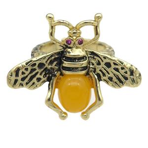 copper honeybee Rings with yellow cats eye stone, adjustable, antique gold, approx 26-32mm, 17mm dia [FN24451]