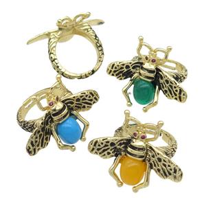 copper honeybee Rings with cats eye stone, adjustable, antique gold, mixed, approx 26-32mm, 17mm dia [FN24452]