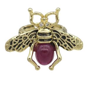 copper honeybee Rings with red cats eye stone, adjustable, antique gold, approx 26-32mm, 17mm dia [FN24453]