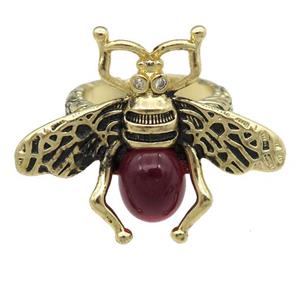 copper honeybee Rings with deepred cats eye stone, adjustable, antique gold, approx 26-32mm, 17mm dia [FN24455]