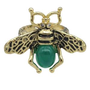 copper honeybee Rings with green cats eye stone, adjustable, antique gold, approx 26-32mm, 17mm dia [FN24456]