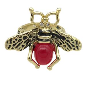 copper honeybee Rings with red cats eye stone, adjustable, antique gold, approx 26-32mm, 17mm dia [FN24457]