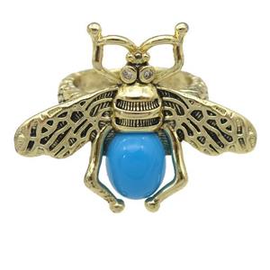 copper honeybee Rings with turqblue cats eye stone, adjustable, antique gold, approx 26-32mm, 17mm dia [FN24458]