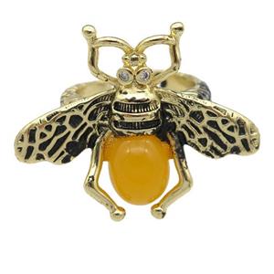 copper honeybee Rings with yellow cats eye stone, adjustable, antique gold, approx 26-32mm, 17mm dia [FN24459]