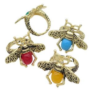 copper honeybee Rings with cats eye stone, adjustable, antique gold, mixed, approx 26-32mm, 17mm dia [FN24460]