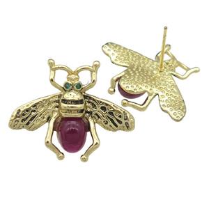 copper honeybee Stud Earring with red cats eye stone, antique gold, approx 21-26mm [FN24461]