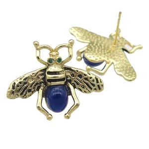 copper honeybee Stud Earring with blue cats eye stone, antique gold, approx 21-26mm [FN24462]