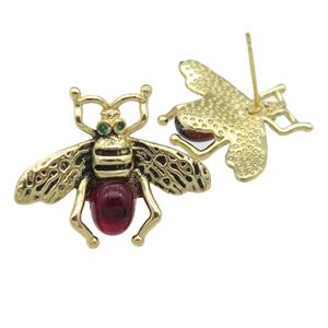 copper honeybee Stud Earring with deepred cats eye stone, antique gold, approx 21-26mm [FN24463]