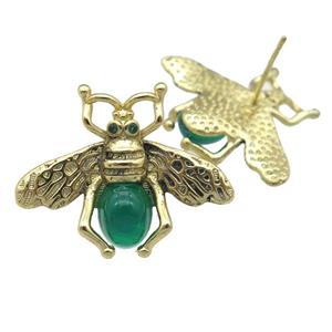copper honeybee Stud Earring with green cats eye stone, antique gold, approx 21-26mm [FN24464]