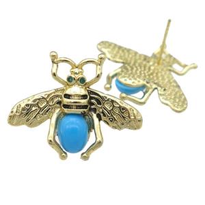copper honeybee Stud Earring with turqblue cats eye stone, antique gold, approx 21-26mm [FN24466]
