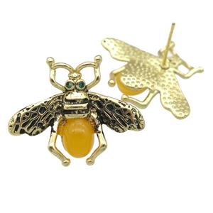copper honeybee Stud Earring with yellow cats eye stone, antique gold, approx 21-26mm [FN24467]