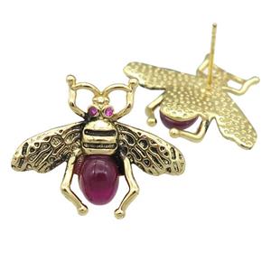 copper earring studs with gemstone, bee, gold plated, approx 21-26mm [FN24468]