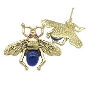 copper honeybee Stud Earring with blue cats eye stone, antique gold, approx 21-26mm [FN24469]