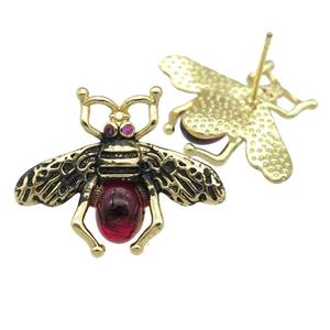 copper honeybee Stud Earring with red cats eye stone, antique gold, approx 21-26mm [FN24470]