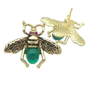 copper honeybee Stud Earring with green cats eye stone, antique gold, approx 21-26mm [FN24471]