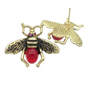 copper honeybee Stud Earring with red cats eye stone, antique gold, approx 21-26mm [FN24472]