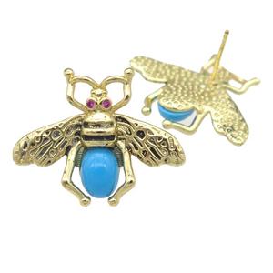 copper honeybee Stud Earring with turqblue cats eye stone, antique gold, approx 21-26mm [FN24473]