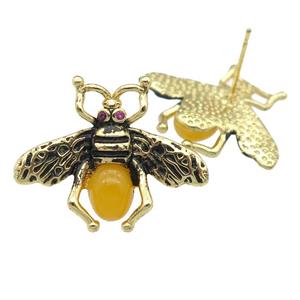 copper honeybee Stud Earring with yellow cats eye stone, antique gold, approx 21-26mm [FN24474]