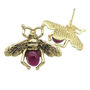 copper honeybee Stud Earring with red cats eye stone, antique gold, approx 21-26mm [FN24475]