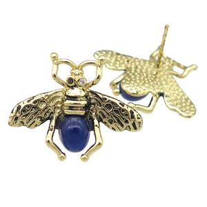 copper honeybee Stud Earring with blue cats eye stone, antique gold, approx 21-26mm [FN24476]