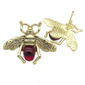 copper honeybee Stud Earring with red cats eye stone, antique gold, approx 21-26mm [FN24477]