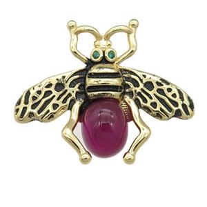 copper honeybee Connector with red cats eye stone, antique gold, approx 26-32mm [FN24482]