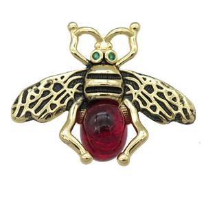 copper honeybee Connector with red cats eye stone, antique gold, approx 26-32mm [FN24484]