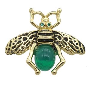 copper honeybee Connector with green cats eye stone, antique gold, approx 26-32mm [FN24485]