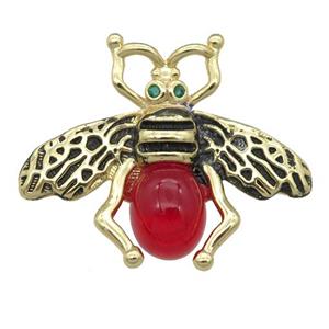 copper honeybee Connector with red cats eye stone, antique gold, approx 26-32mm [FN24486]