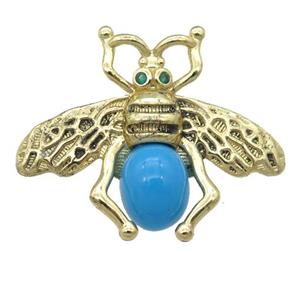 copper honeybee Connector with turqblue cats eye stone, antique gold, approx 26-32mm [FN24487]