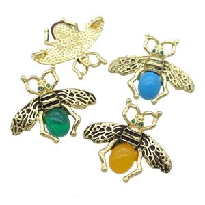 copper honeybee charm Connector with cats eye stone, antique gold, mixed, approx 26-32mm [FN24489]