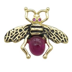 copper honeybee Connector with red cats eye stone, antique gold, approx 26-32mm [FN24490]