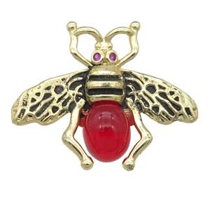 copper honeybee Connector with red cats eye stone, antique gold, approx 26-32mm [FN24494]