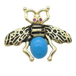 copper honeybee Connector with turqblue cats eye stone, antique gold, approx 26-32mm [FN24495]